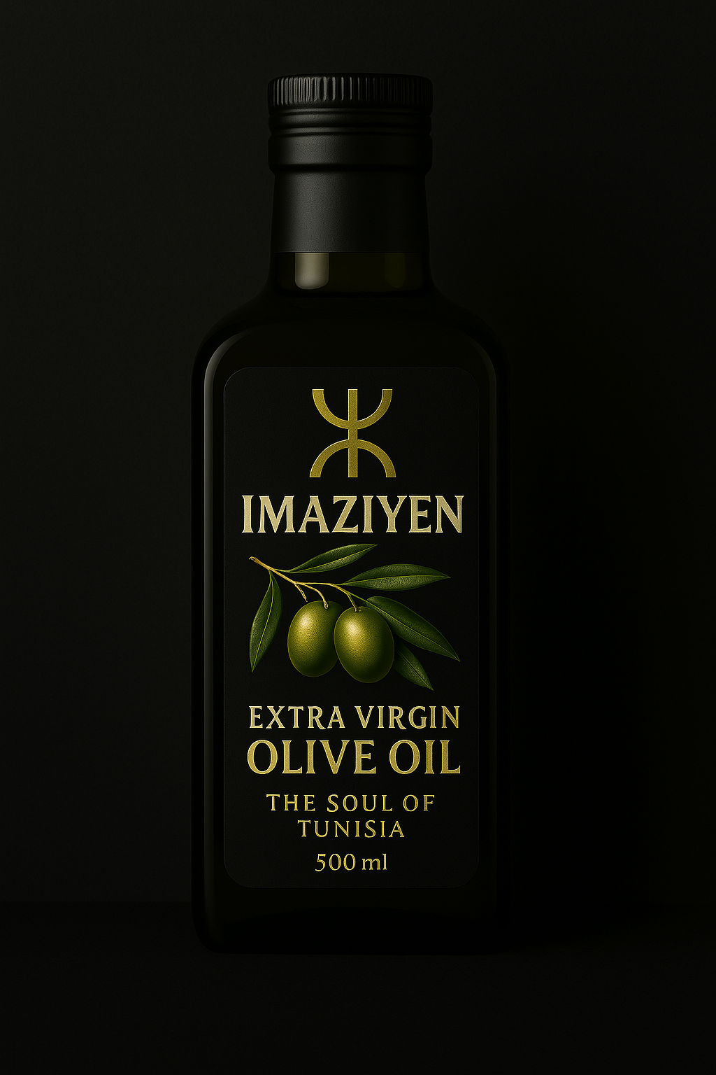 A bottle of Imaziyen extra virgin olive oil, presented elegantly.